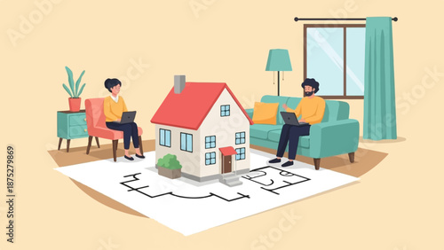 Two people are using laptops near a house model and blueprints, in a stylized room