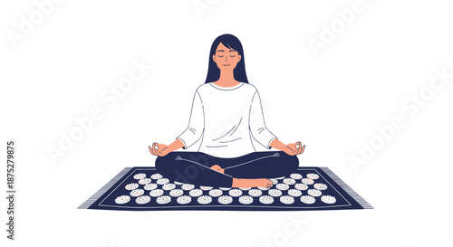 Calm woman sitting in a lotus position meditating on an acupressure mat with plastic spikes for relaxation and pain relief therapy at home.