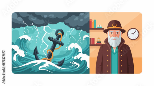 An anchor tossed in stormy seas is juxtaposed with an old sailor in a room with books and a clock