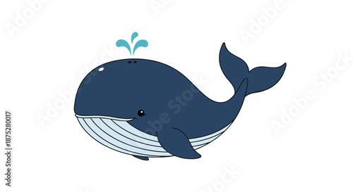 Friendly cartoon blue whale with a big smile spouting water from its blowhole against a clean white background in a cute illustration style.
