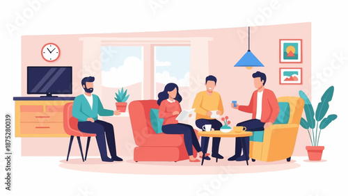 Four people relaxing indoors in a cozy living room setting with plants