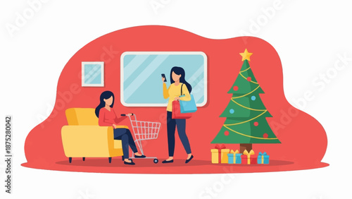 Two women with shopping bags and a Christmas tree with gifts