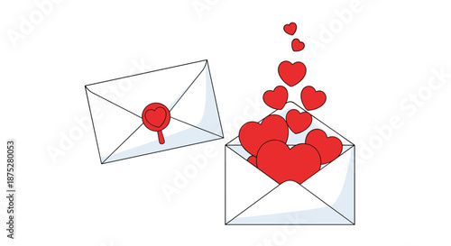 Two white envelopes, one closed with a heart seal and the other open with many red hearts floating out, symbolizing love and messages.