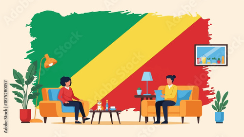 Two people relax in a living room with a large flag behind them