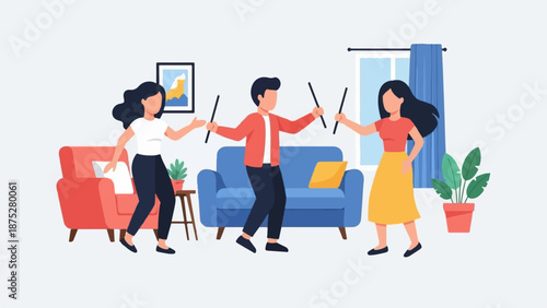 Three people in a living room holding sticks, appearing to be playing