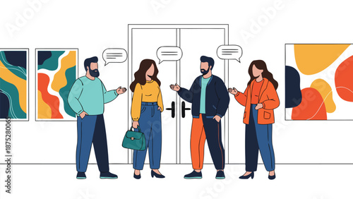 Vector illustration of people discussing art in a gallery, artistic conversation and visual appreciation
