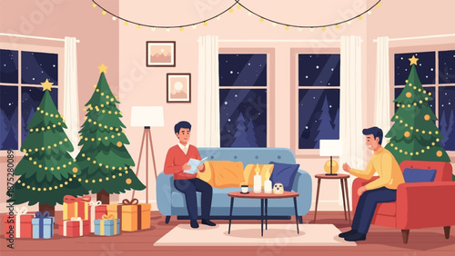 Cozy winter evening with decorated trees and gifts, two men relax indoors
