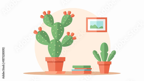 Potted cactus and small plant on shelf with framed art on wall