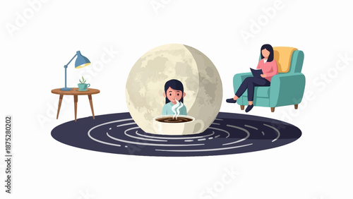 Cozy indoor scene with a person reading in a chair and another person in a cup of coffee