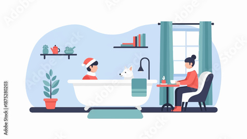 Festive bath time with a dog and a companion enjoying a warm drink by the window