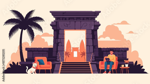 Person relaxing with tablet near ancient ruins and palm tree