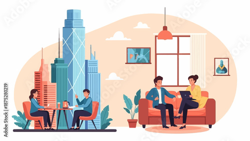 Two pairs of people in a city cafe and home, one pair drinks, other pair works on laptop