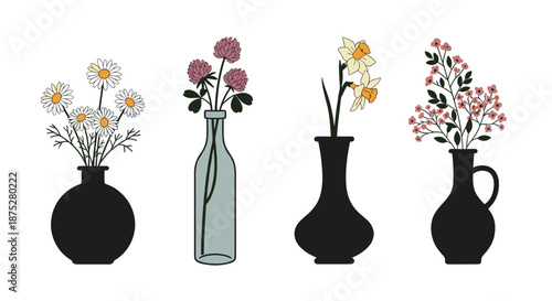 Set of four different floral arrangements with daisies, clover, narcissus, and small pink flowers in uniquely shaped vases and bottles.