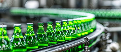 Green glass mineral water bottles move smoothly on a shiny stainless steel conveyor belt under bright lights, showcasing modern beverage production in action