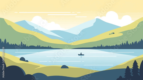 Serene lake scene with distant mountains, a lone boat, and rolling hills under a pale sky