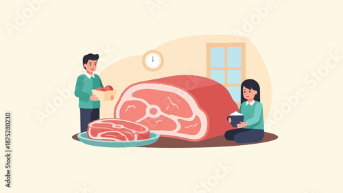 Couple preparing a meal with a large cut of meat and side dishes
