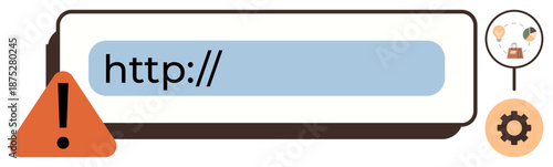 Online security, phishing prevention, website authenticity, cyber safety, internet browsing, address bar monitoring. URL bar with an exclamation icon and a gear icon web issues. Online security