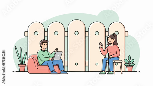 Two people interact through a decorative fence, one working on a laptop