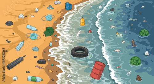 Environmental illustration showing a beach heavily polluted with plastic bottles, tires, masks, and other trash both on the sand and in the sea.