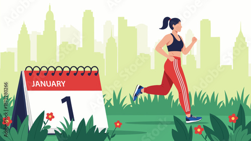 Healthy New Year's Resolution A Vector Illustration of a Woman Running on January 1st