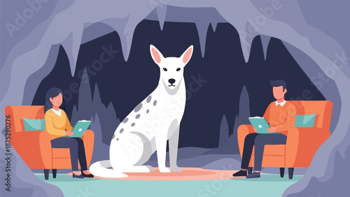 Two people sit in chairs in a cave with a large white dog between them