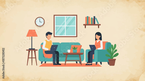 Two individuals working on laptops while relaxing on sofas in a room