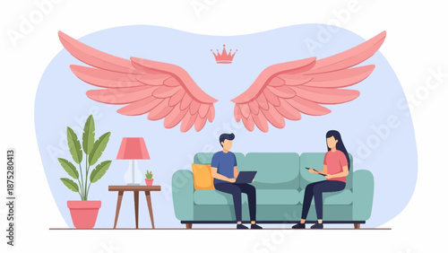 Two people sit on a couch under a pair of pink wings and a crown