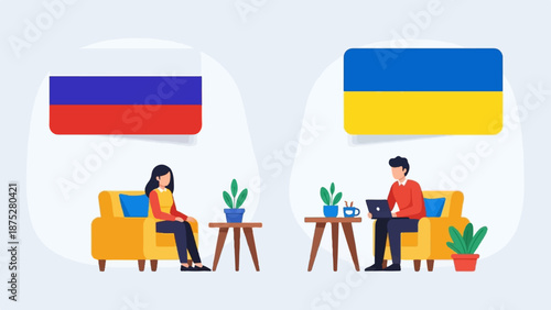 Two individuals, one on each side, seated with flags above