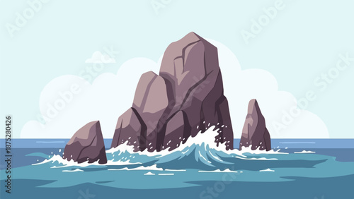 Crashing waves against rugged rocks under a cloudy sky