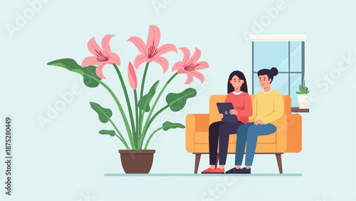 Two women sit on a couch near a large plant and a window, one holding a tablet
