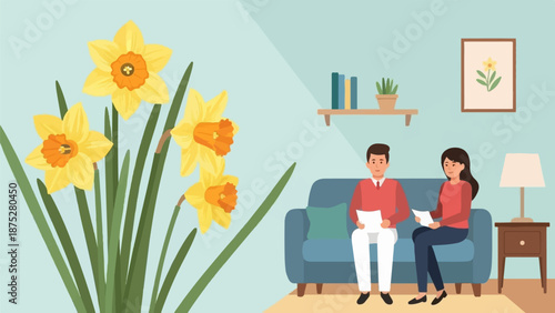 Two people sit on a couch holding papers near a vase of daffodils