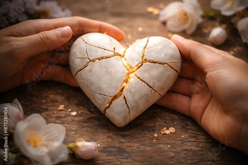 Hands holding a broken ceramic heart repaired with golden seams symbolizing healing and emotional restoration.