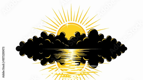 Stylized sunset reflected in water, framed by dark clouds and sunbeams