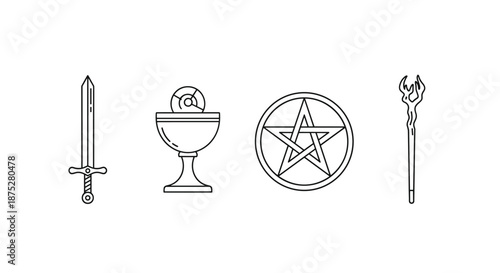 Set of four occult or fantasy icons including a sword, a chalice, a pentacle within a circle, and a magical wooden staff in line art.