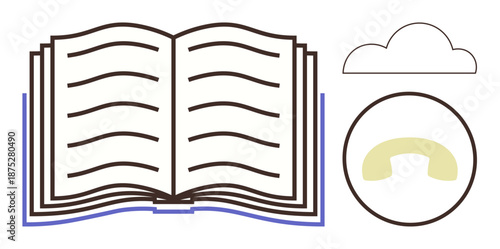 Education, communication, technology, reading, knowledge, creativity. Open book with wavy pages, cloud illustration and a circular icon with phone handle. Education and communication concept