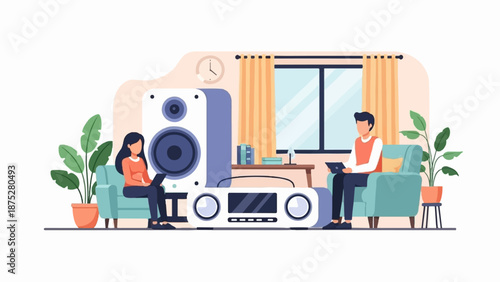 Two people relax in armchairs in a room with a large speaker and plants, each with a tablet