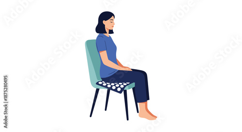 Peaceful woman sitting on a chair using an acupressure mat to relieve back pain and tension during a relaxing moment at home.