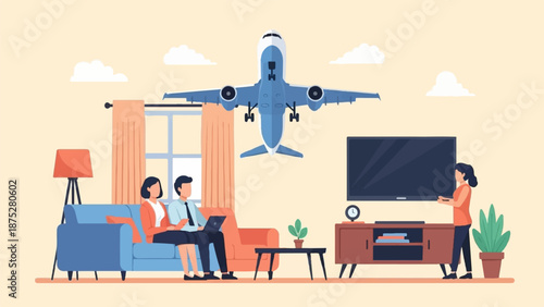 Family in living room watches airplane descend from the sky as they relax