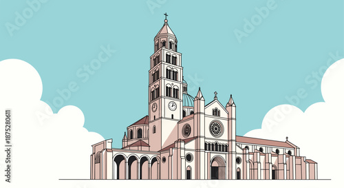 Impressive architectural illustration of a large stone cathedral with a tall clock tower and multiple wings under a clear blue sky with clouds.