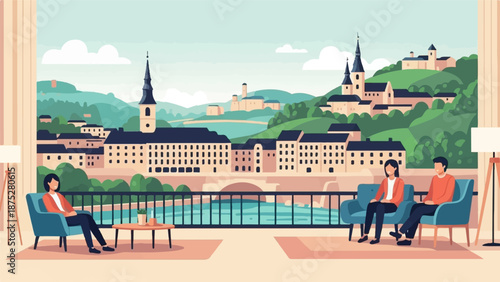 Cozy view of a charming European town from a balcony with people relaxing