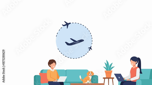 People and dog relax on sofa, working on laptops, with airplanes flying in a circle above