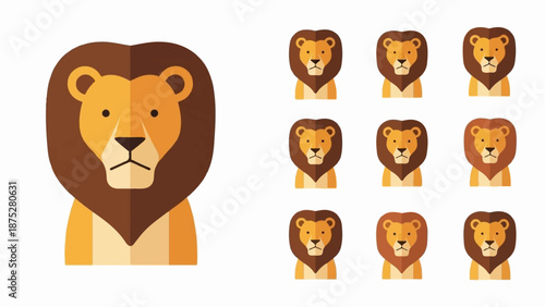 Flat illustration of a large lion head and nine smaller lion heads