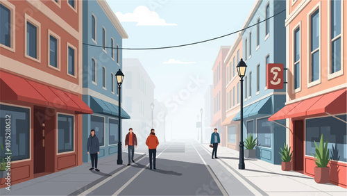 Foggy town street with people walking past shops and lampposts