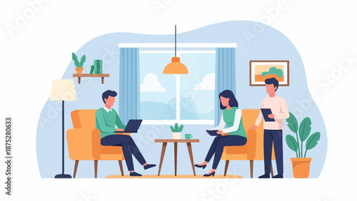 Three people in a bright room, two on couches using devices, one standing with a tablet