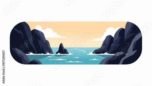 Stylized sea and rocky outcrops under a pale sky with clouds
