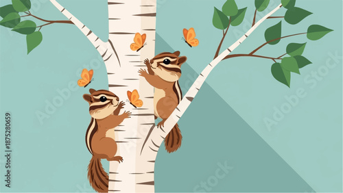 Two chipmunks climb a birch tree, interacting with butterflies amidst green leaves