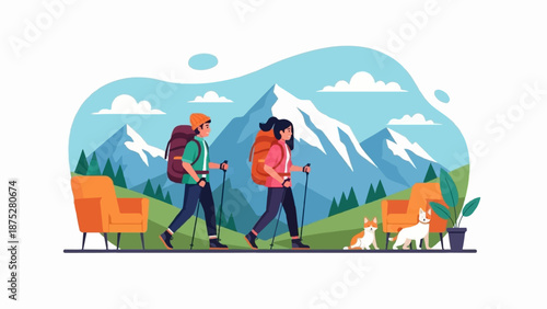 Couple hiking with dogs in a mountain landscape with chairs