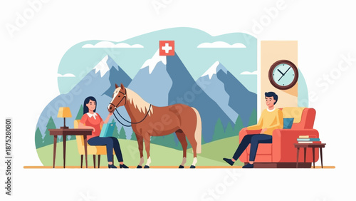 People and horse in cozy room with mountain backdrop
