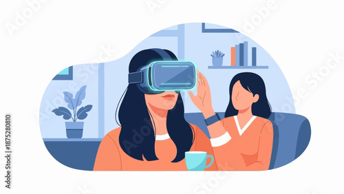 Woman experiences virtual reality with friend nearby