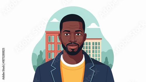 Stylized portrait of a man in a suit with buildings and clouds